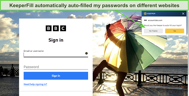 KeeperFill dialogue offering to auto-fill login information in BBC iPlayer