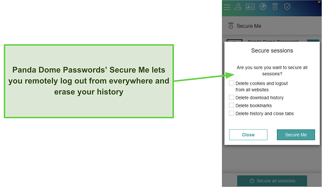 Panda Dome Passwords' Secure Me feature offering to delete cookies and other temporary files