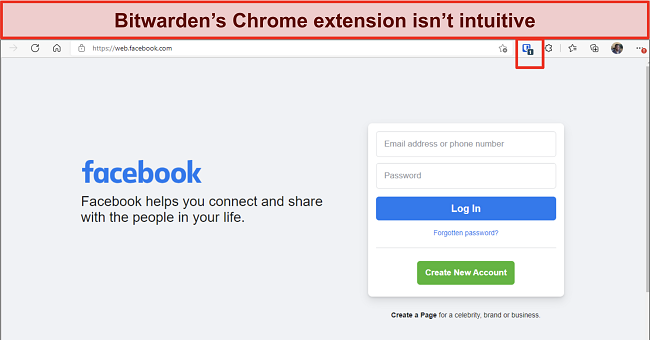 Bitwarden's browser extension button in a web browser showing the Facebook website