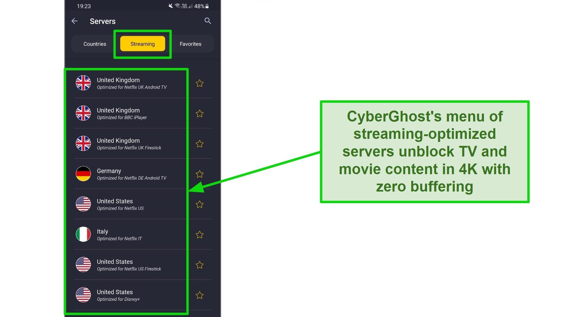 Screenshot of the streaming-optimized servers in CyberGhost's Android app