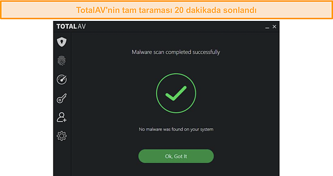 TotalAV'ın tam tarama sonuçlarının ekran görüntüsü.