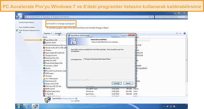 Windows 7'nin kaldırma programları penceresindeki program listesinin ekran görüntüsü.