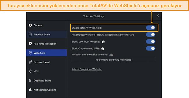 TotalAV WebShield Ayarları panosunun ekran görüntüsü.