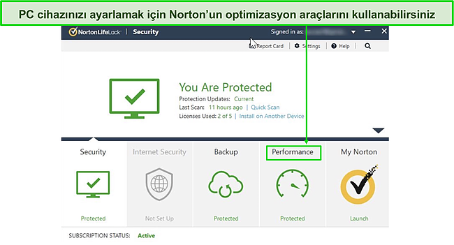 Performans optimizasyon araçlarını içeren Norton panosunun ekran görüntüsü.