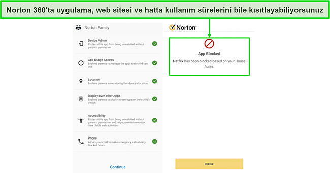 Norton Family ebeveyn denetimi panosunun ekran görüntüsü.