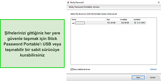 Yapışkan Parola Taşınabilir USB sürücüsünün ekran görüntüsü.