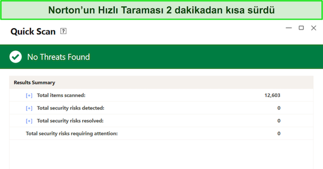 Norton hızlı tarama incelemesi ekran görüntüsü