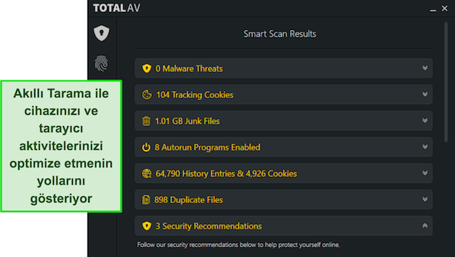 TotalAV özellikleri akıllı tarama ayarlama önerisi ekran görüntüsü