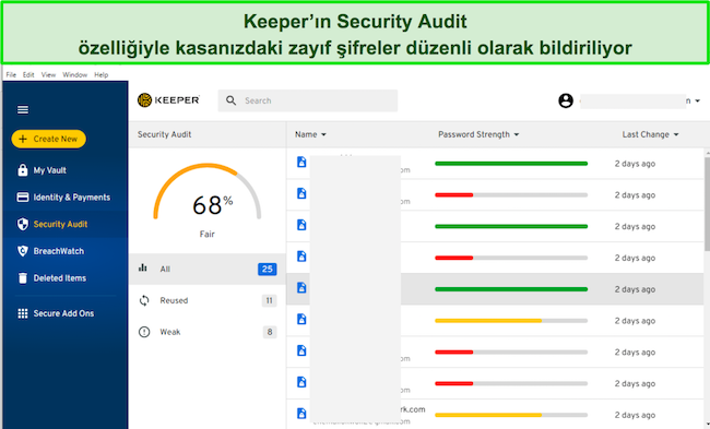 Keeper'ın Güvenlik Denetimi sekmesinin ekran görüntüsü