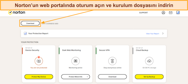 Norton kurulumunun nasıl indirileceğini gösteren ekran görüntüsü