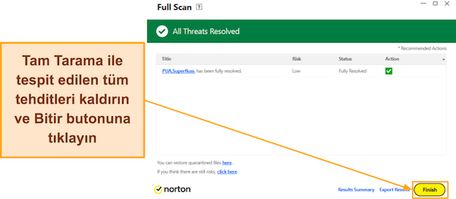 Norton'un Tam taramasının nasıl tamamlanacağını gösteren ekran görüntüsü