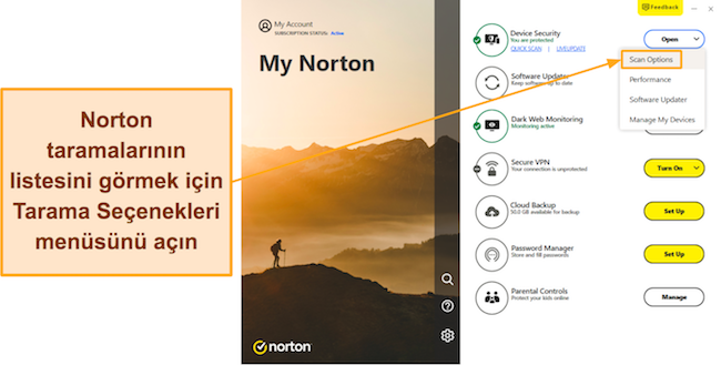 Norton'un Tarama Seçenekleri menüsüne nasıl erişileceğini gösteren ekran görüntüsü