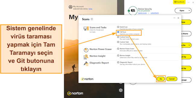 Norton'un Tam Taramasının nasıl başlatılacağını gösteren ekran görüntüsü