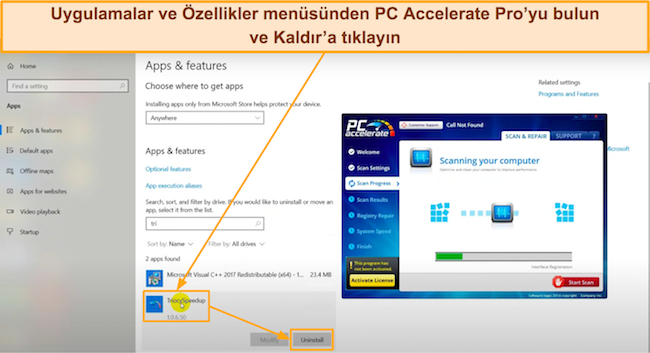 PC Accelerate Pro'nun nasıl bulunacağını ve kaldırılacağını gösteren ekran görüntüsü