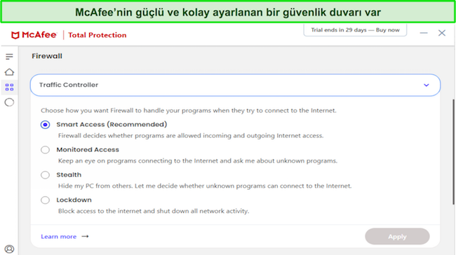 McAfee anti virüs güvenlik duvarı özelleştirme ekran görüntüsü