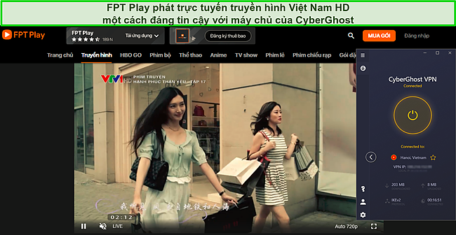 Ảnh chụp màn hình FPT Play phát trực tuyến TV1 trong khi CyberGhost kết nối với máy chủ tại Việt Nam.