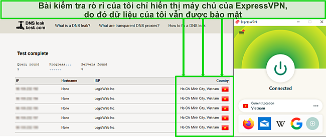 Ảnh chụp màn hình kiểm tra rò rỉ DNS thành công trong khi ExpressVPN được kết nối với máy chủ tại Việt Nam.