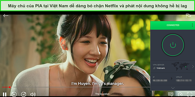 Ảnh chụp màn hình The Guardian phát trực tuyến trên Netflix trong khi PIA được kết nối với máy chủ tại Việt Nam.