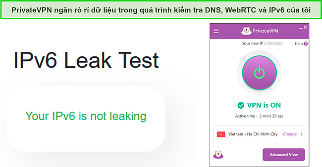 Ảnh chụp màn hình kiểm tra rò rỉ IPv6 thành công trong khi PrivateVPN được kết nối với máy chủ ở Argentina.