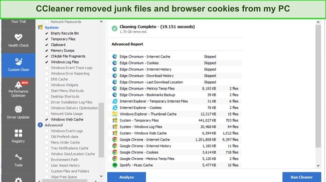 Screenshot of CCleaner system scan results page