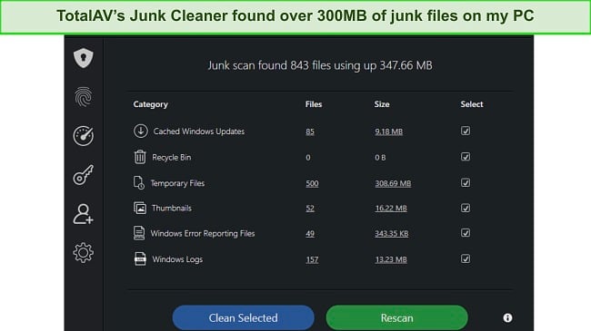 Screenshot of TotalAV Junk Cleaner scan result page