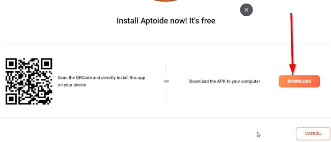 Captura de tela do botão de download do Aptoide