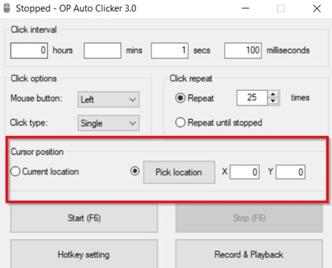 Auto Clicker cursor position screenshot