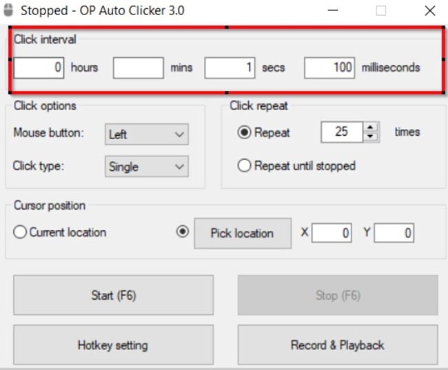 Скріншот інтервалу натискання Auto Clicker