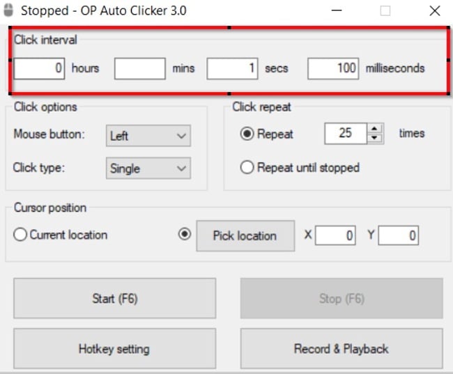 Tangkapan layar interval klik Clicker Otomatis