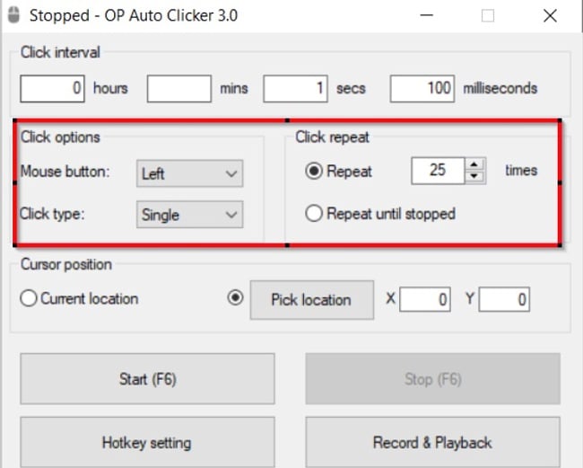 Скріншот параметрів натискання Auto Clicker