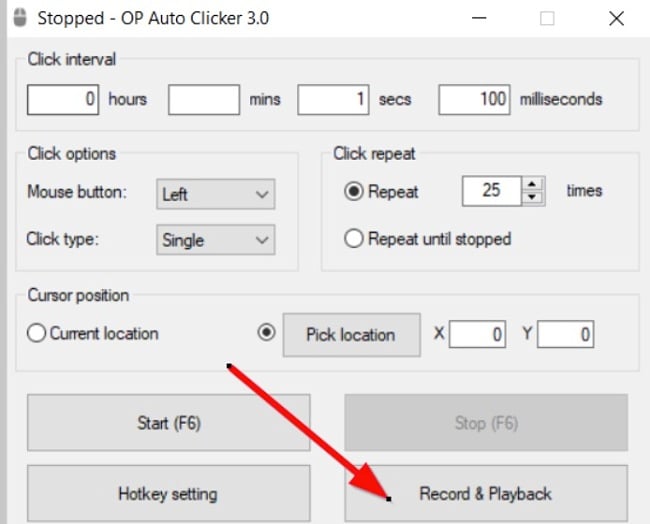 Знімок екрана кнопки запису та відтворення Auto Clicker