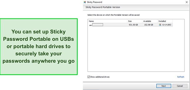 Screenshot of Sticky Password portable USB feature