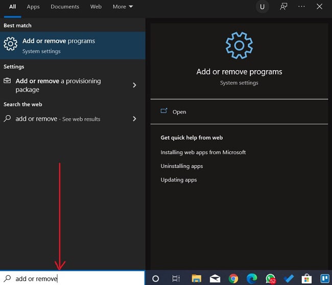 Cuadro agregar o quitar programas captura de pantalla