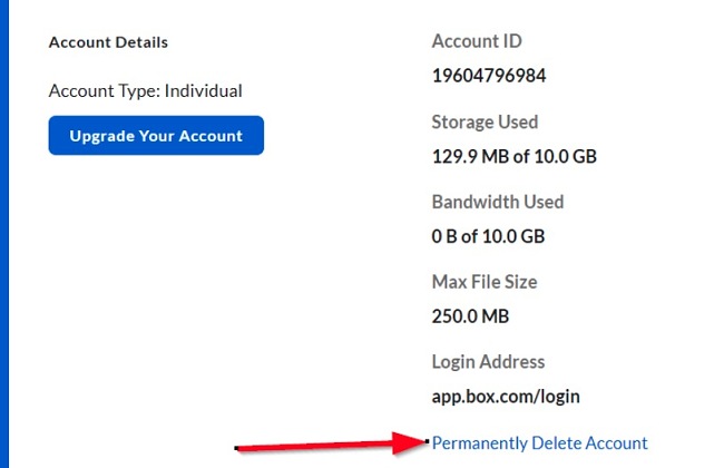 Captura de pantalla de cuadro eliminar permanentemente la cuenta