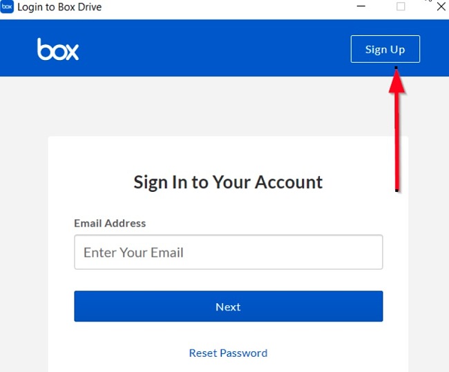Captura de pantalla del formulario de inicio de sesión de Box
