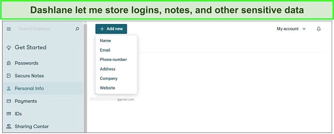 Screenshot of Dashlane's secure vault
