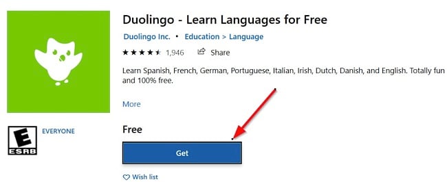 Duolingo get -painikkeen kuvakaappaus