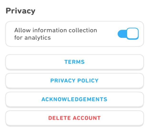 Snímek obrazovky ochrany soukromí Duolingo
