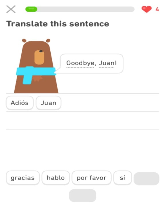 Το Duolingo μεταφράζει αυτό το στιγμιότυπο οθόνης της πρότασης