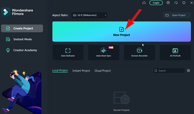 Filmora add new project screenshot