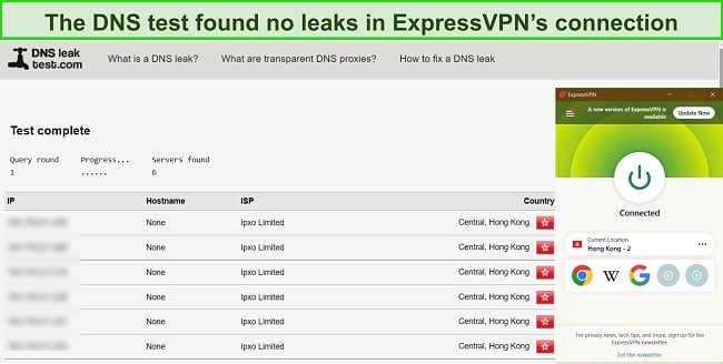 Screenshot of ExpressVPN's DNS leak test result