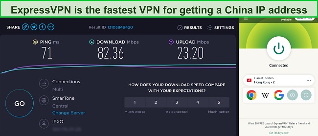Screenshot of ExpressVPN's speed test result