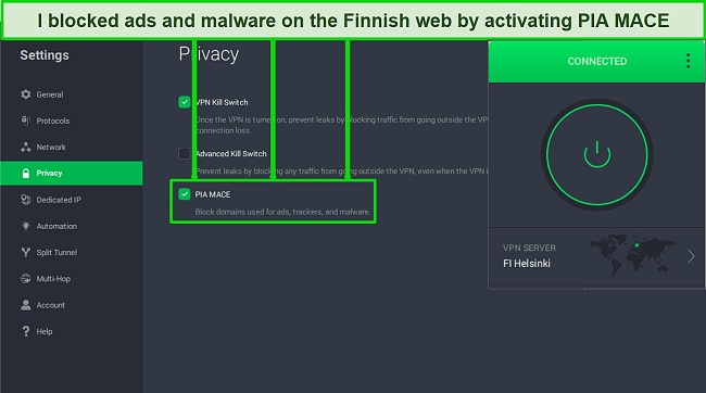 Screenshot of PIA Mace activated in the settings menu while PIA is connected to a server in Finland