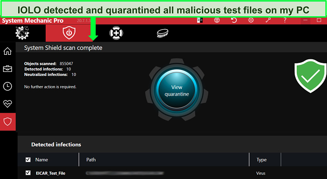 Screenshot of System Shield scan result