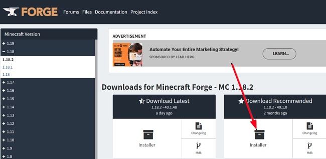 Minecraft Forge インストーラーのダウンロード スクリーンショット