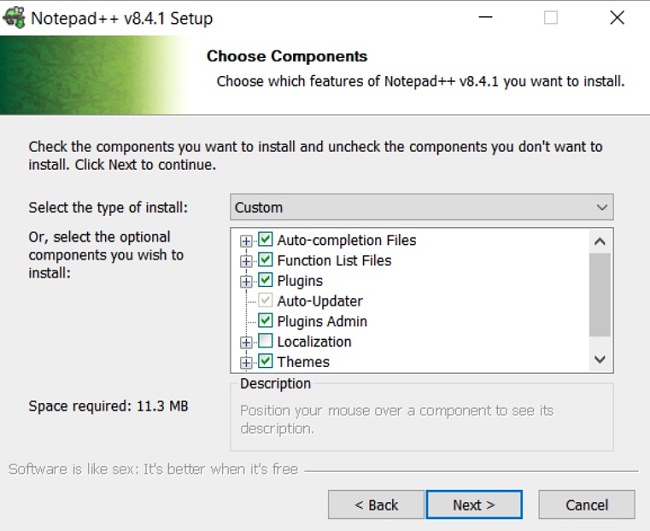 Notepad Plus Plus installation components screenshot