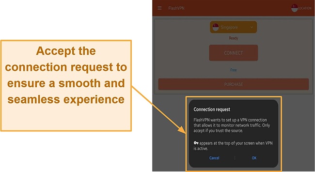 Screenshot of FlashVPN's connection request notification