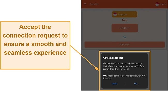 Screenshot of FlashVPN's connection request notification