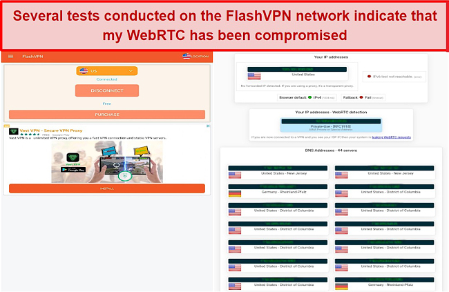 Screenshot of the results of a leak test performed while using FlashVPN