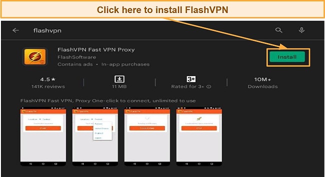 Screenshot of the FlashVPN page in the Android Play Store